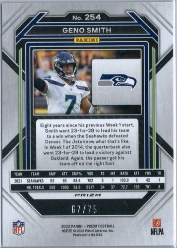 2022 Panini Prizm Football Geno Smith Green Scope Prizm /75 Seattle Seahawks - Picture 2 of 4