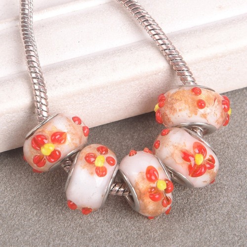 5pcs 15x9mm Round Flower Patterns Handmade Murano Lampwork Glass Big Hole Beads - Picture 16 of 17