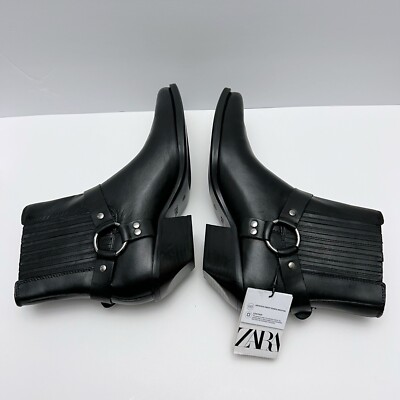 Zara Womens Black Leather Harness Pointed Toe Western Boots