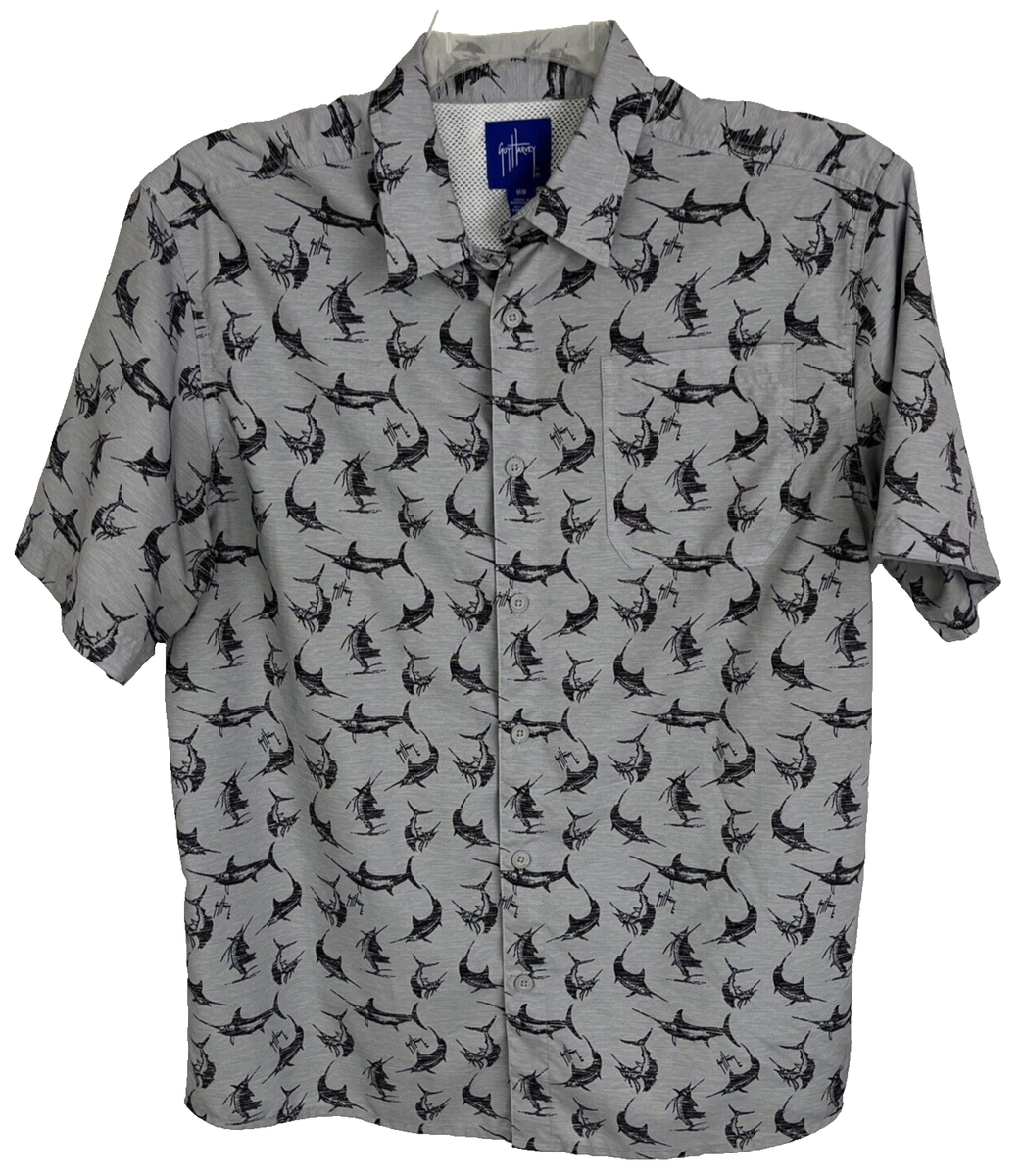 Guy Harvey Short Sleeve Button Up Shirt Mens Medium Blue Swordfish