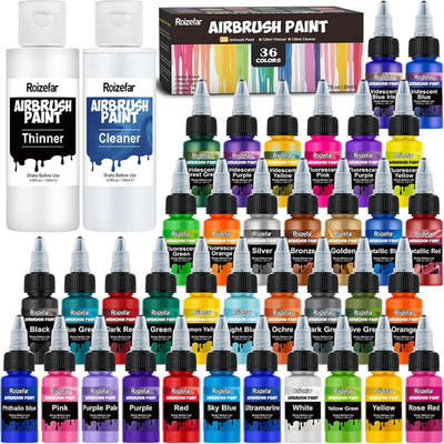 36-Color Water-Based Airbrush Paint Set with Thinner & Cleaner, 20ml Bottles