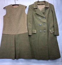 Vtg 1960s MCM Plaid Wool Drop Waist Dress  Coat 2 pc Green Orange Houndstooth
