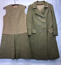 Vtg 1960s MCM Plaid Wool Drop Waist Dress & Coat 2 pc Green Orange Houndstooth