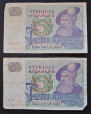 Lot of 2 Sweden 5 Fem Kronor Banknotes - 1981 & 1978 - Sveriges Riksbank