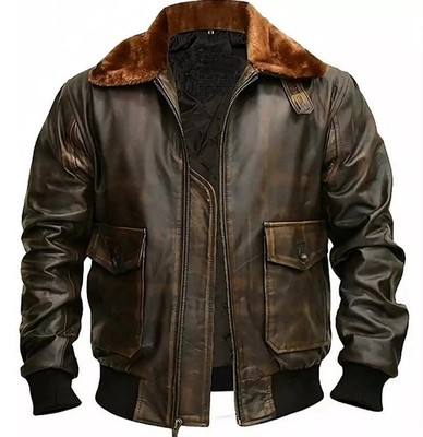 Brown Genuine Leather Bomber Distressed Jacket for Men's
