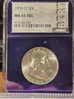 1953 D FRANKLIN SILVER HALF DOLLAR NGC MS65 FBL Purple Core