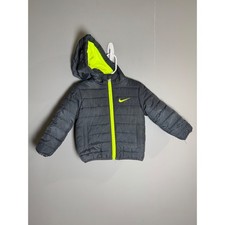 Kids Nike Puffer Jacket Gray Neon Yellow Hooded Full Zip Logo Size 18M