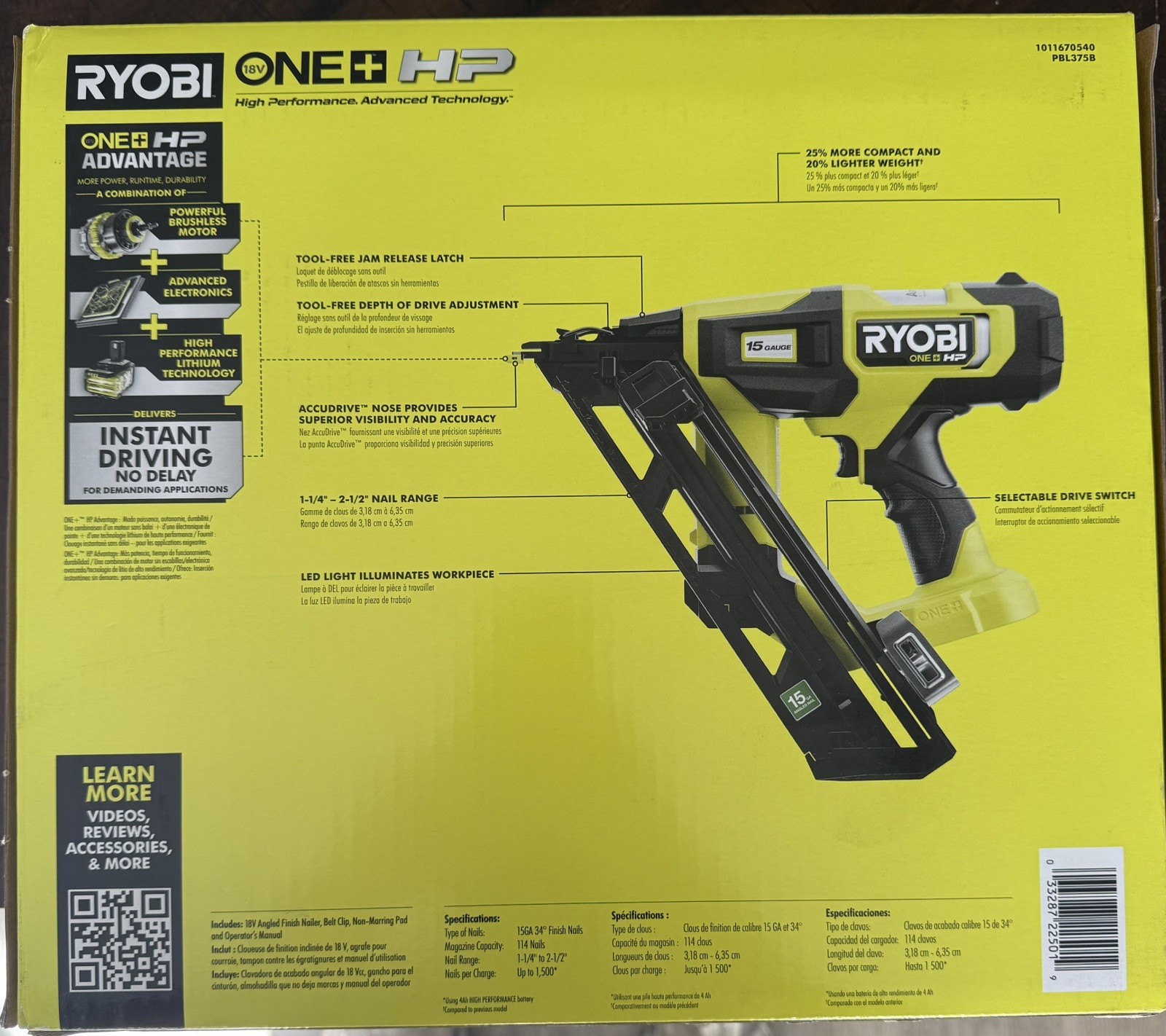 RYOBI PBL375B HP 18V Brushless 15-Ga 34 Degree Angled Finish Nailer (New In Box)