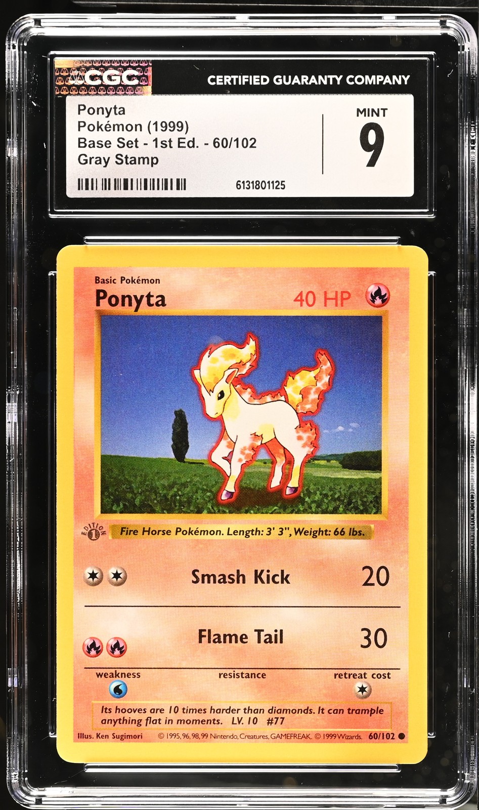 CGC 9 MINT Ponyta 60/102 Gray Stamp 1st Edition Shadowless Base Set Pokemon Card