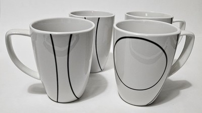 4 Corelle Coordinates Coffee Mugs Simple Lines Porcelain White Black 