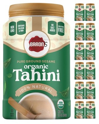 12x16 oz Jars Baron's USDA Organic Tahini Pure Sesame Paste, Rich Creamy Spread.