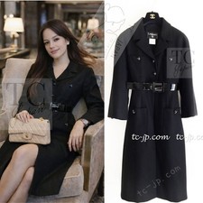 $7.9K CHANEL 07A Black Wool 100% Belted Coat CC Logo Karl Lagerfeld 42 US10