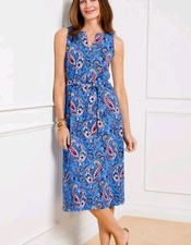 TALBOTS SEASIDE PAISLEY TIE-WAISST SLEEVELESS BLUE JERSEY MIDI DRESS XL NWT 