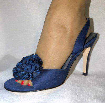 Sam & Libby CARMEN Slingback Rosette Heels Indigo Satin Size 7.5 M