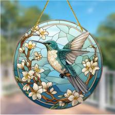 Hummingbird Acrylic Suncatcher, 5.9"x5.9", Stained Glass Look, Beautiful Blue