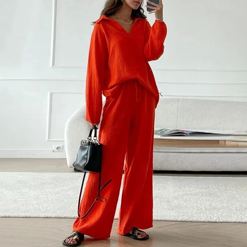 Women V Neck Long Sleeved Top Loose Casual Drawstring Pants Set 2Pcs Set Summer - Picture 12 of 28