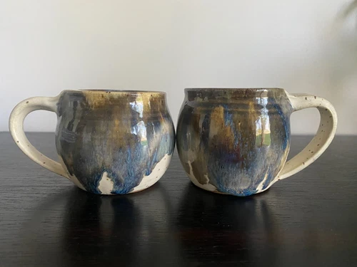 Set of 2 Studio Pottery Ceramic Coffee Mugs Blue and Tan Drip Glaze Holds 10 Oz