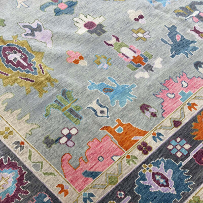 Modern Oushak Hand Knotted 9x12 Grey Blue 100% Wool Floral Rug for Home Office