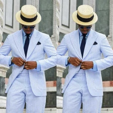 Vintage Men's Blue Seersucker Suits 2 Pcs Regular Fit Single Button Groom Suit