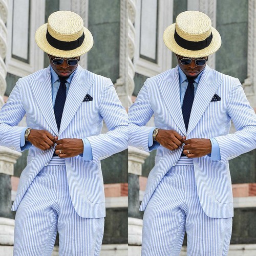 Summer Men's Blue Seersucker Suits 2 Pieces Regular Fit Single Button Groom Suit