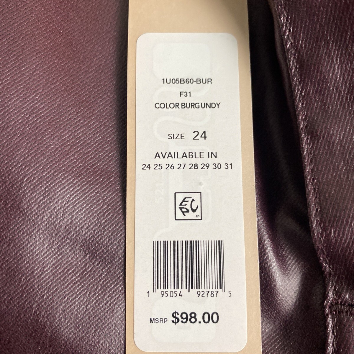 A NWT BCBGeneration Women's Coated Skinny Denim Pant, Burgundy Size