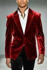 Christmas Red Velvet Suit Jacket Peak Lapel Dinner Groom Evenings Tuxedo Blazer