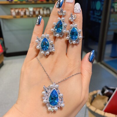 3 Stück Luxus Set Blau Aquarium Ohrhänger Anhänger Damen Geschenkset