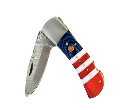Pocket Knife With USA Flag Handle Patriotic Veteran Style Folding Knife Damascus