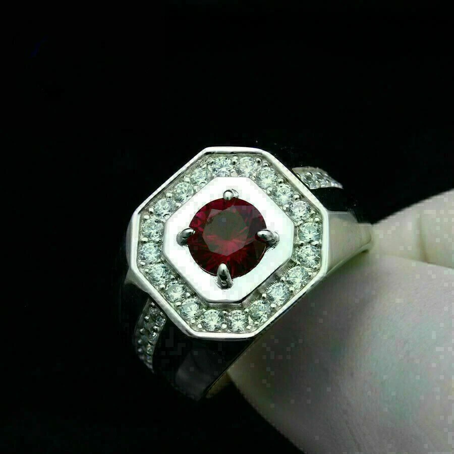 Anillo meñique para hombre granate simulado corte redondo de 1,20 quilates chapado en oro 925 Foto 2 de 4