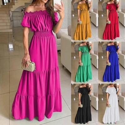 Ladies Bardot Off Shoulder Swing Maxi Party Dress Summer Beach Long Dresses SIZE - Image 1 of 4