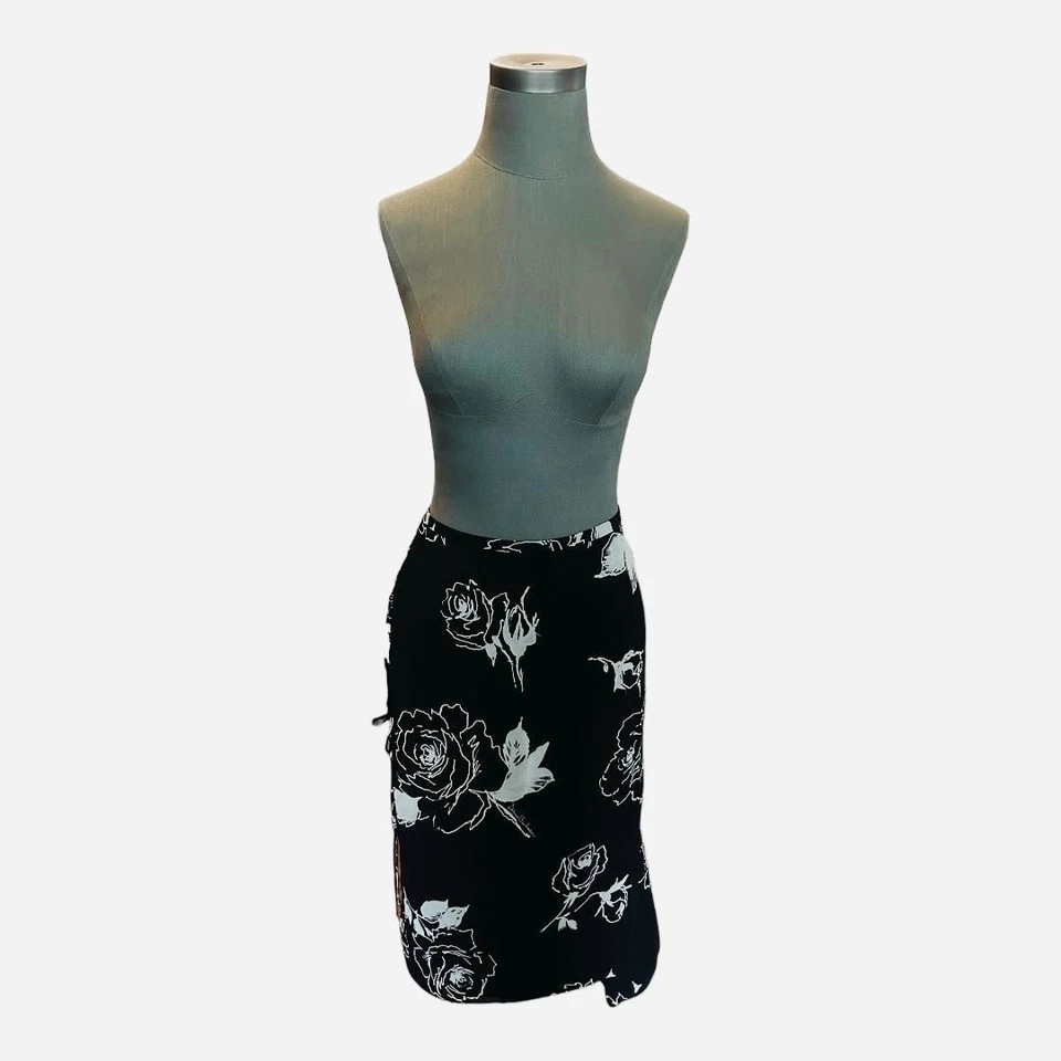 NWT Dana Buchman Black Cream Floral Silk Asymmetrical Midi Skirt Size 10 Vintage - Image 2 of 4