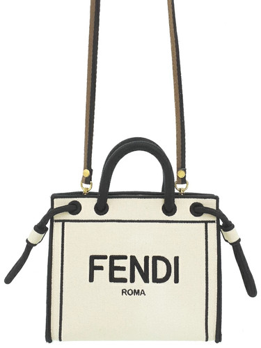 Fendi Mini Shopper 8BH380 Canvas Off-White Black Shoulder Bag