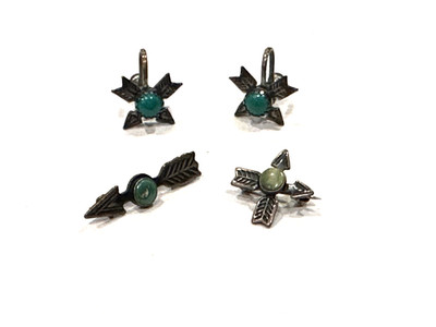 ARROWS TURQUOISE GREEN FRED HARVEY ERA STERLING SILVER EARRINGS & 2 PINS LOT