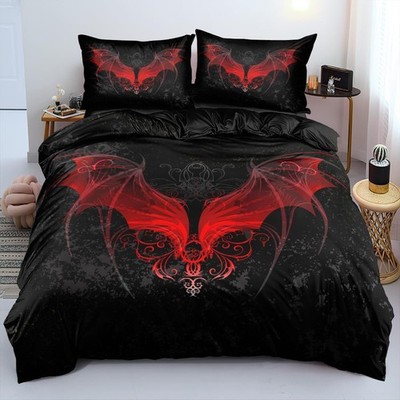 Goth Duvet Cover with Pillow Shams Gothic Bedding Sets Red Bat Wing Patterns ...