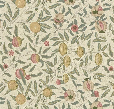 WILLIAM MORRIS VORHANGSTOFF DESIGN Obst 3 METER ELFENBEIN/TÜRKIS 100% BAUMWOLLE