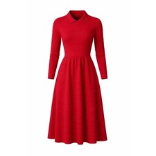 Hobbs London Red Ribbed Knit Collar Shirt Dress Long Sleeve Fit Flare Women US 4
