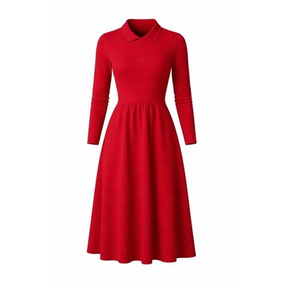 Hobbs London Red Ribbed Knit Collar Shirt Dress Long Sleeve Fit Flare Women US 4