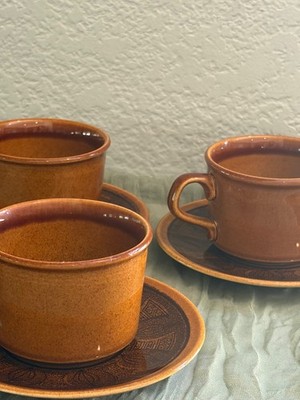 Set of 3 Taylor Smith & Taylor Cannes Atomic Onion Brown Coffee Cups saucers.