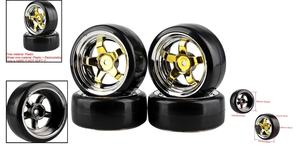 Sleek Gold 5-Spoke 12mm Wheels with Sturdy Hard Tires for 1:10 Drift Cars - Image 2 of 4