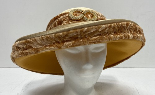 Vintage 90s Mr. Hi's Classic Women's Gold Wide Brim Church Hat Rhinestone Buckle