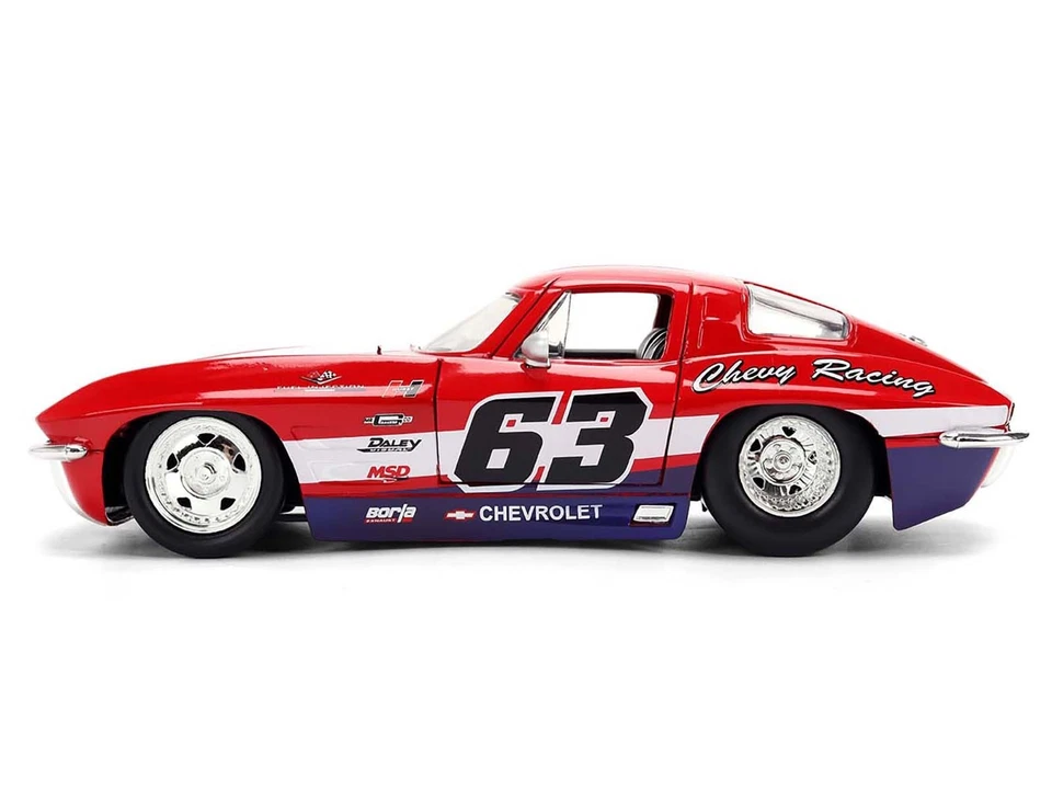 1963 CHEVROLET CORVETTE STINGRAY #63 "CHEVY RACING" RED 1/24 MODEL BY JADA 36594 - Image 4 of 4