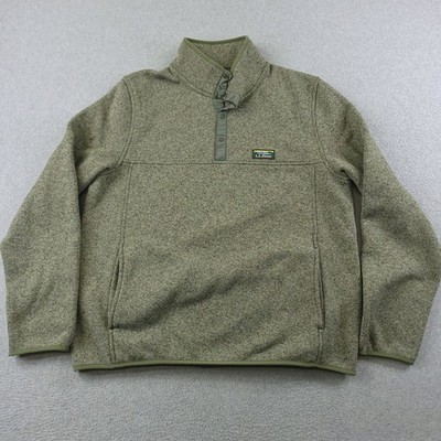 LL Bean Pullover Mens Large Green Fleece Snap Collar Outdoor Pullover Mock Neck