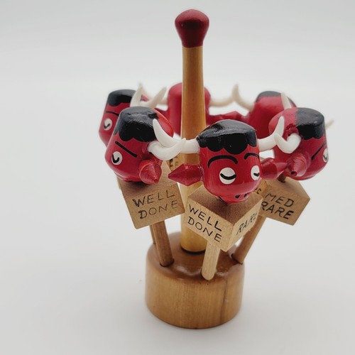 Wood Stick Bull Head Steak Meat Markers w/Stand Vintage Set Meat Temperature - Picture 2 of 8