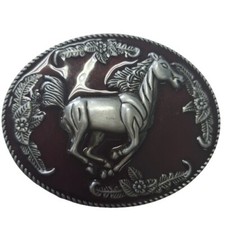 Metal Horsing Belt Buckle with Red and Pewter Color Finish