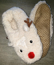 girls FLEECE REINDEER CHRISTMAS SLIPPERS size MEDIUM/LARGE tan so CUTE 10 inch
