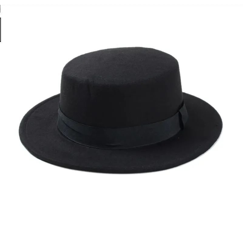 Vintage Black Wide Brim Flat Top Boater Hat Wool Felt Church Derby Size 22 1PCS Black Classic Flat Top Blend Fedora Hat Brim Church  main image 4