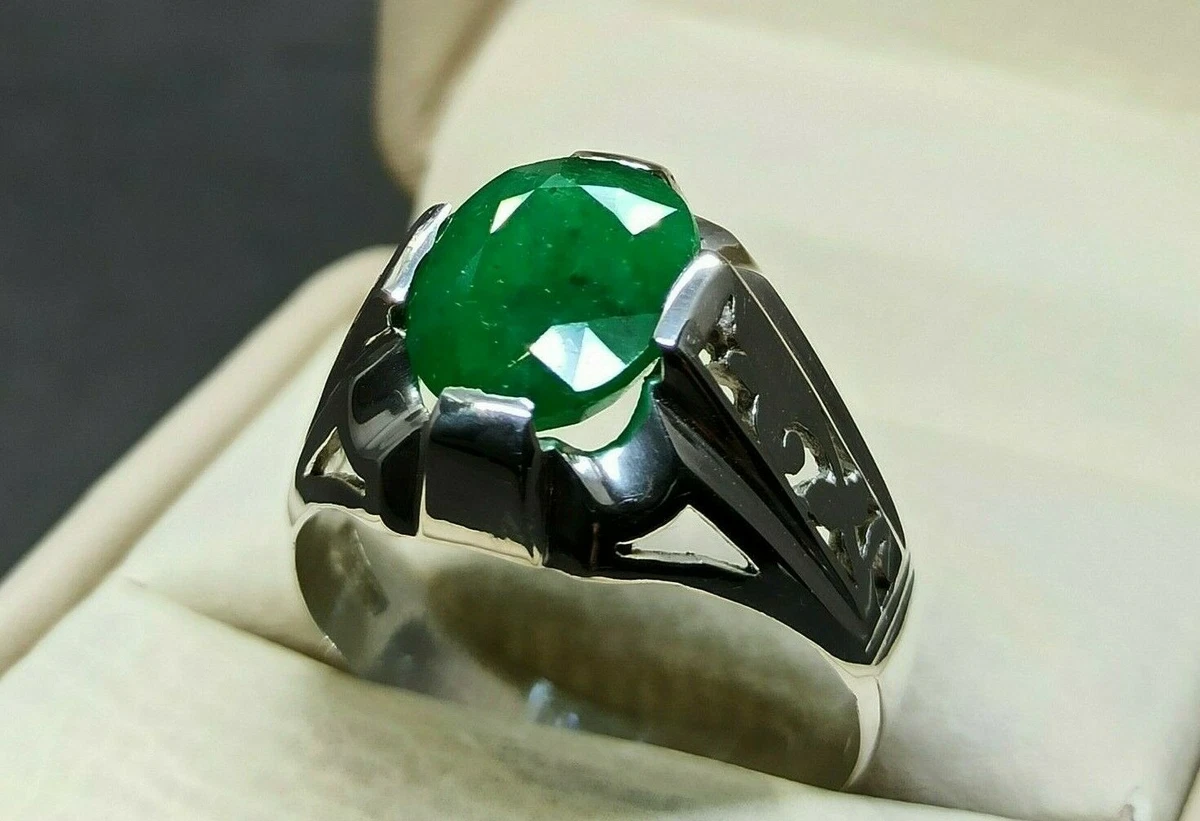 6 Carat Rich Green Emerald Mens Ring Sterling Silver 925 Handmade
