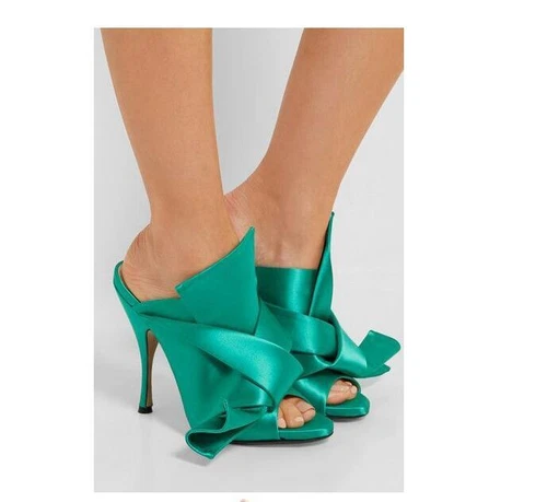 Mujeres Sexy Satén Punta abierta Moño Stiletto Zapatilla Zapatos Fiesta Banquete Sandalia Talla - Imagen 18 de 34