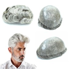 Mens Toupee Human Hair Replacement System Medium Poly Skin V Wig Hairpiece 1B80