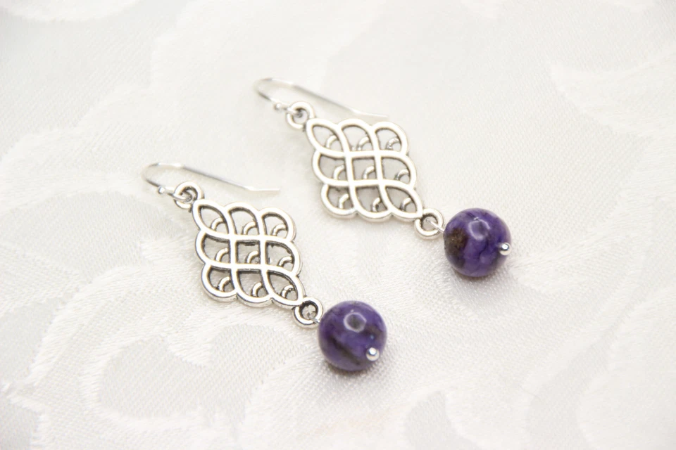 Sugilite Purple 8mm Ball Natural Gemstone .925 Sterling Silver Earrings 1 3/4" Foto 3 de 4